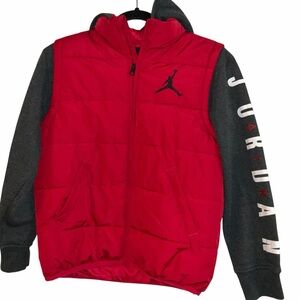Jordan Boys Puffer Vest Hoodie Red Gray Size Medium